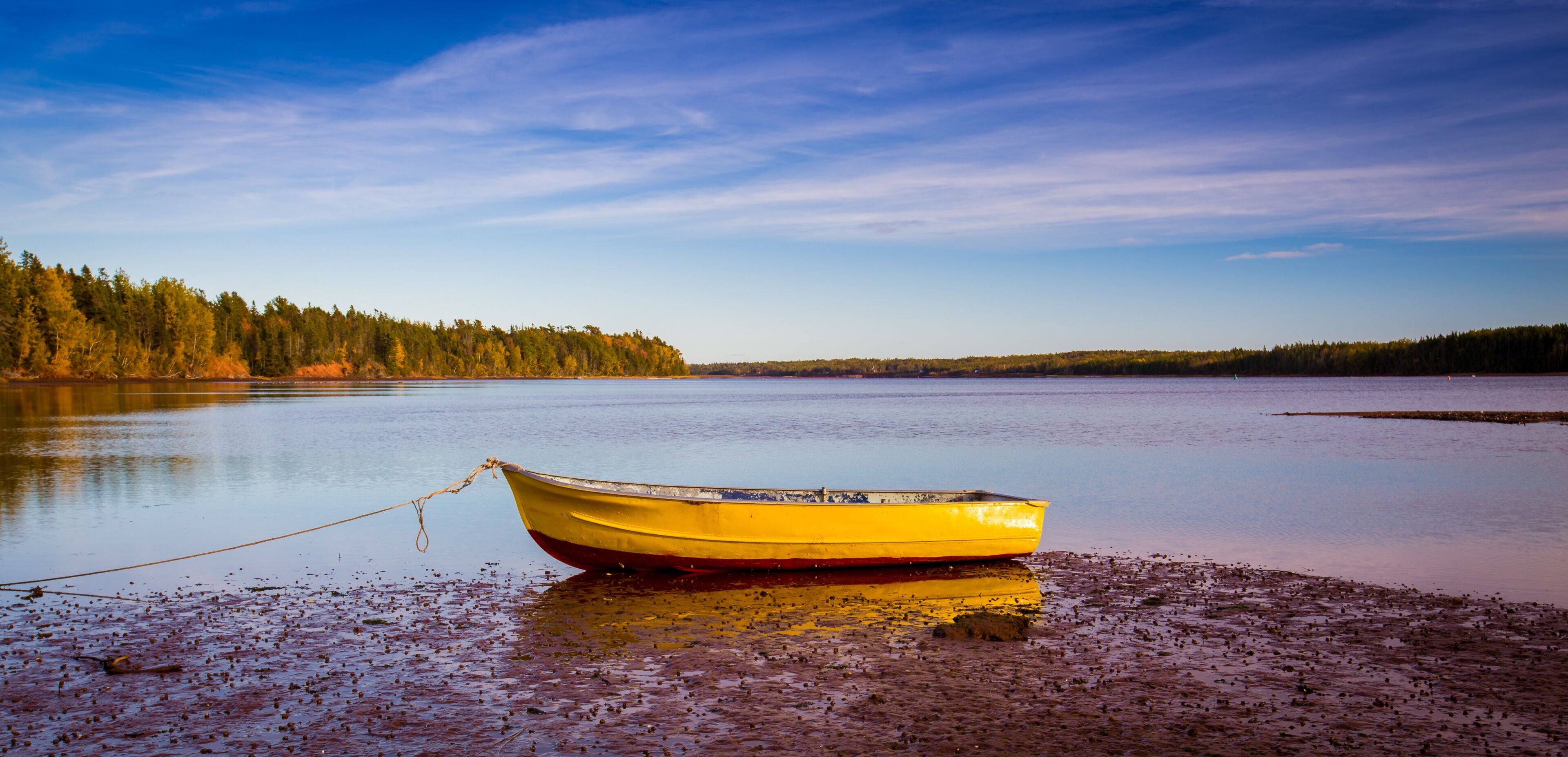 Um barco amarelo amarrado à margem rochosa, com um lago calmo e ilhas arborizadas ao fundo.