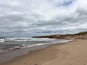 A beach with waves, a cloudy sky, and grassy dunes.