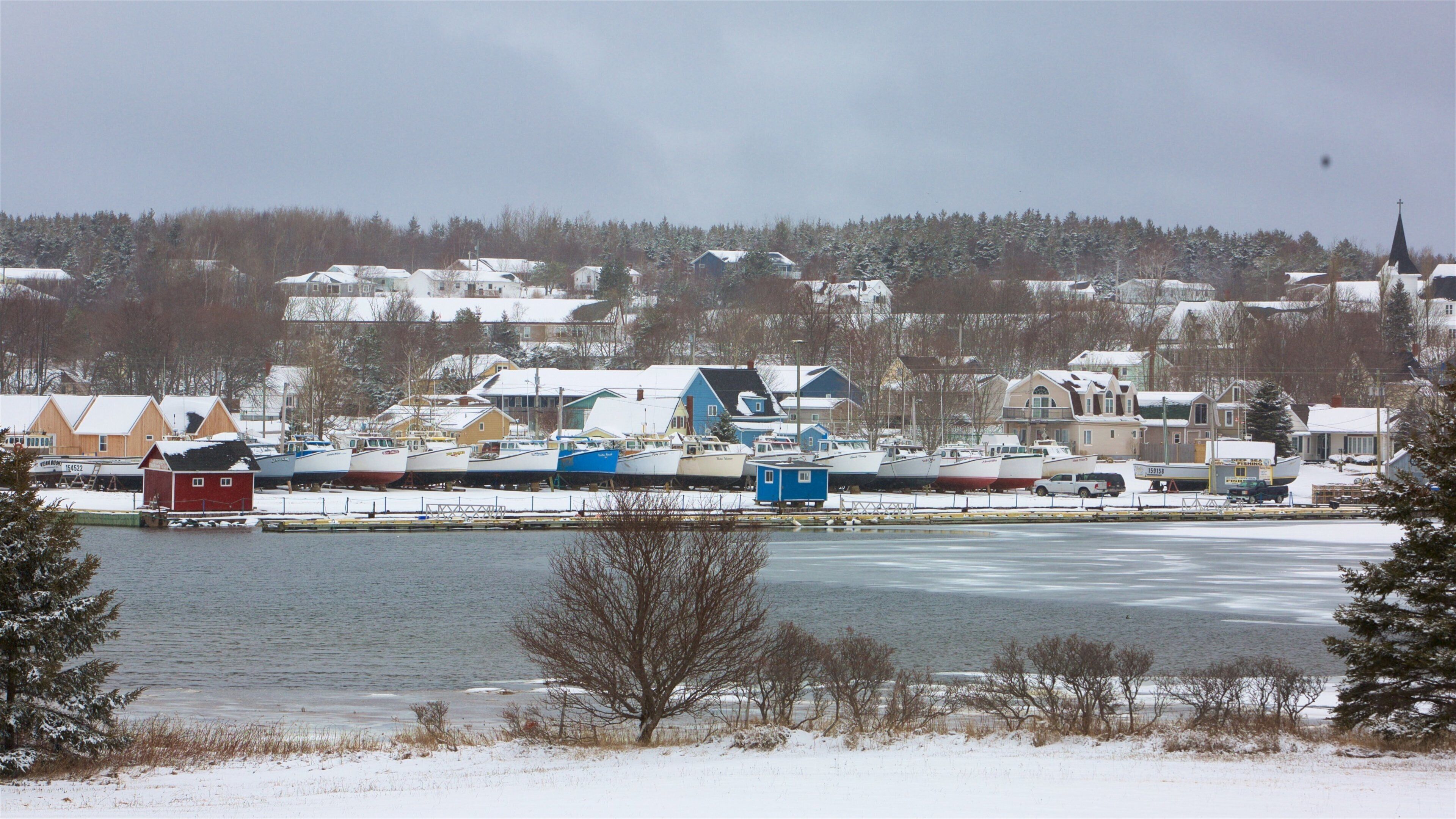 North Rustico featuring a lake or waterhole, snow and a small town or village