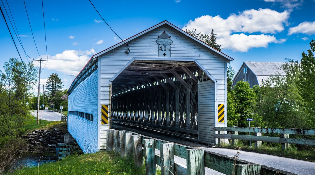 Anse St Jean covered bridge is spanning over the Matapedia river near Amqui in Quebec, Canada