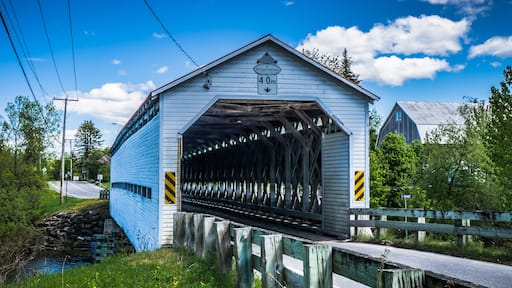 Anse St Jean covered bridge is spanning over the Matapedia river near Amqui in Quebec, Canada