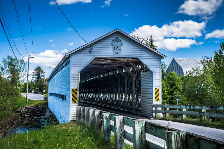 Anse St Jean covered bridge is spanning over the Matapedia river near Amqui in Quebec, Canada
