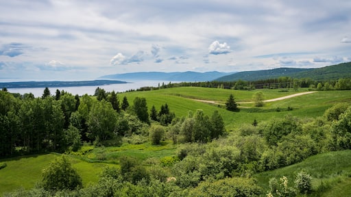 Vue sur les champs, le fleuve saint laurent et l'isle aux coudres depuis la municipalité Les Eboulements au Québec, Canada