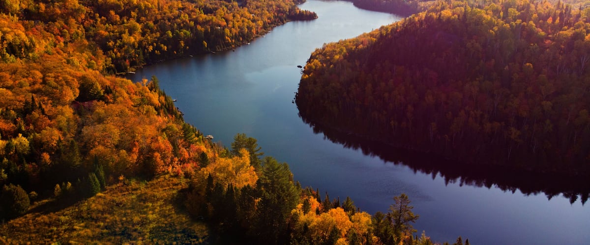 A river winding through a forest with autumn foliage.