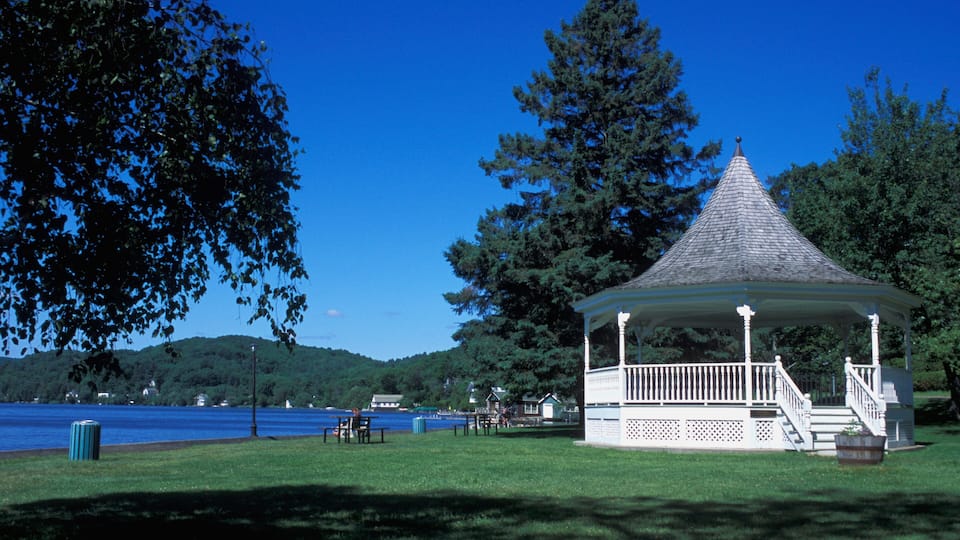 A gazebo by a lake with a clear blue sky.