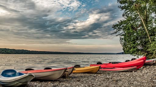 North Hatley, QC, Canada - September 5, 2014: Red, yellow, blue and green kayaks sit on a pebbly beach beside a stand of trees as the sun rises with dramatic clouds over Lake Massawippi