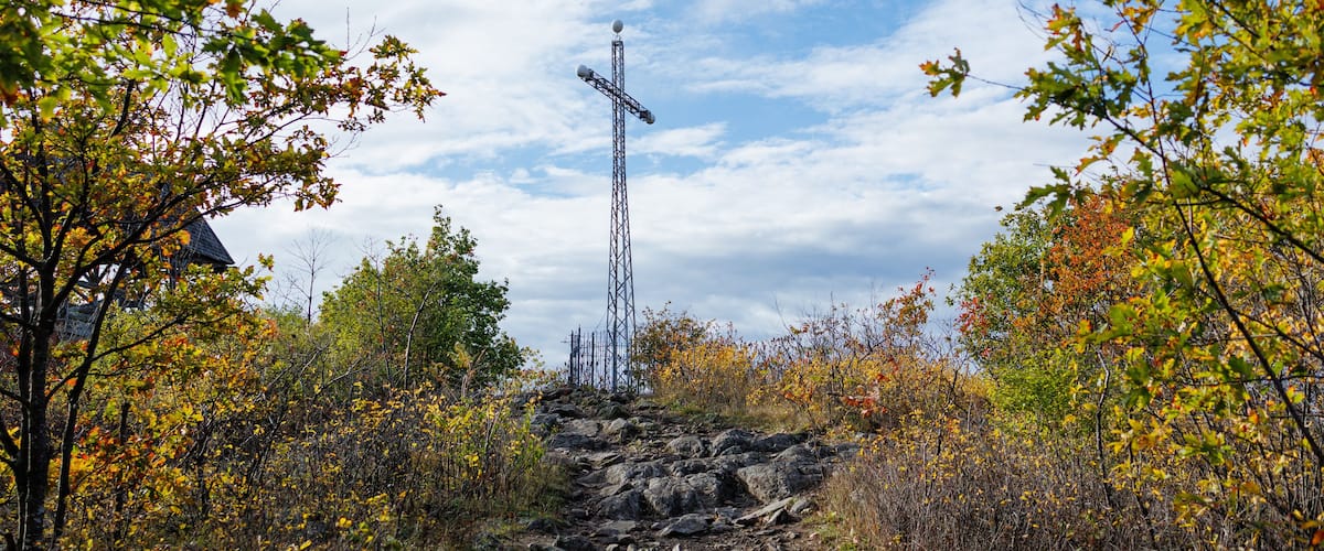 A rocky path leading to a metal tower amidst autumn foliage.