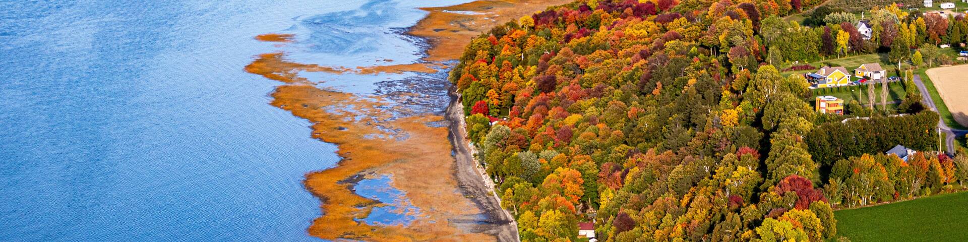 Aeral photo of St. Lawrence River Magnificent Quebec, along the River by Fall and color