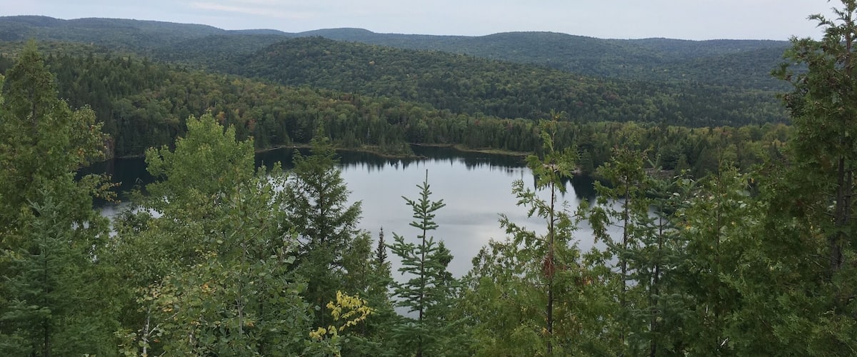 A lake surrounded by dense forest and hills.