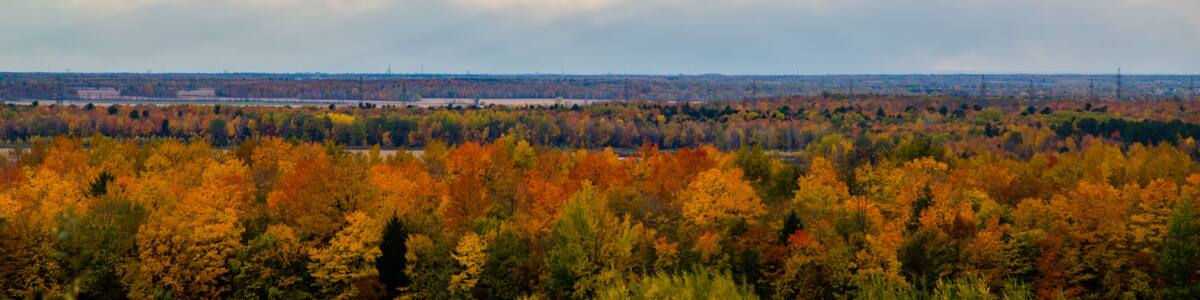 Gault Natural reserve, Canada - October 5 2018: Panoramic autumn view from the top of the Gault Natural Reserve in Quebec