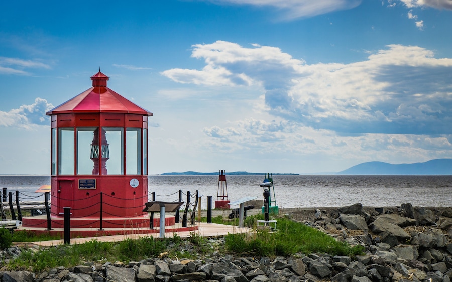 Red light located in the marina of St Jean Port Joli (Quebec, Canada), with a great view on the St Lawrence river