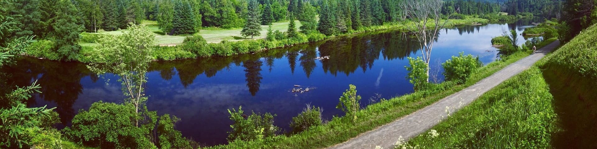 Biking the Train du Nord trail in Ste. Adele.
It runs for 200 kilometres (124 miles) between Saint-Jérôme and Mont-Laurier and is used for biking, cross-country skiing and hiking.
The Parc Linéaire Le P'tit Train du Nord is a multi-use recreational rail trail located in Quebec. It originally was a railway track operated by Canadian Pacific Railway, Inc., which reportedly operated it at a continuous financial loss ever since its construction in the 1890s, before dismantling it during the 1990s to make way for today's beautiful recreational trail—save for the portion between Montréal and Saint-Jérôme which is still in service.
#Green