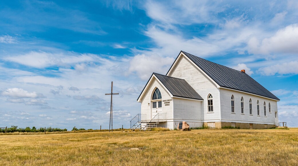 The historic yet abandoned White Valley Lutheran Church south of Shaunavon, SK, Canada