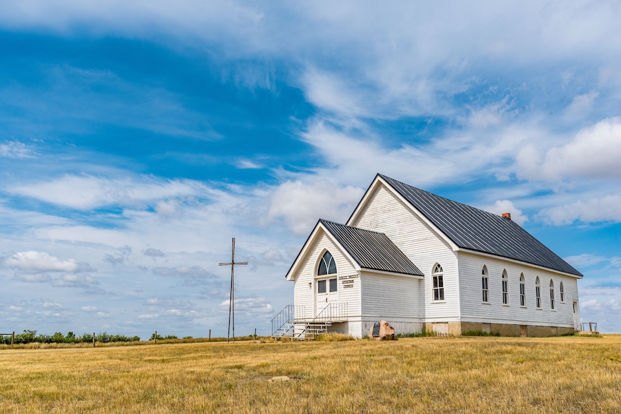 The historic yet abandoned White Valley Lutheran Church south of Shaunavon, SK, Canada