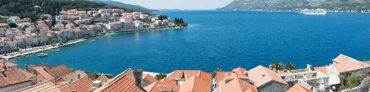 Historic town Korcula in Croatia, panoramic view from the bell tower, summer vacation on Adriatic coast