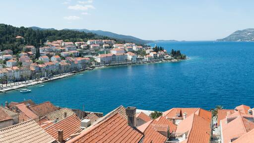 Historic town Korcula in Croatia, panoramic view from the bell tower, summer vacation on Adriatic coast