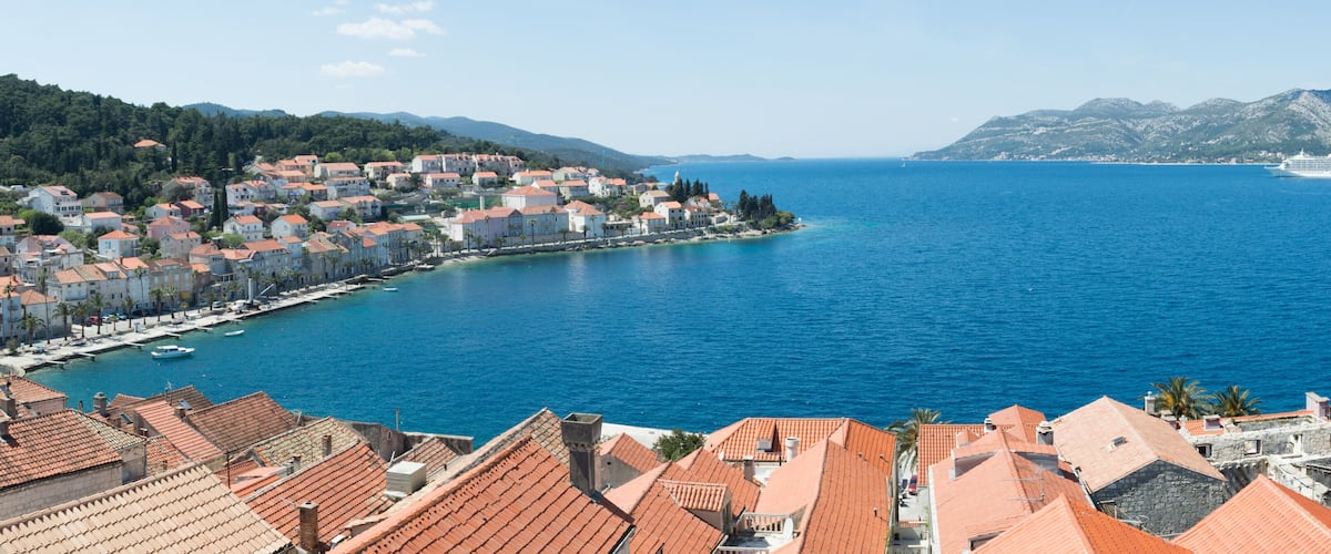 Historic town Korcula in Croatia, panoramic view from the bell tower, summer vacation on Adriatic coast