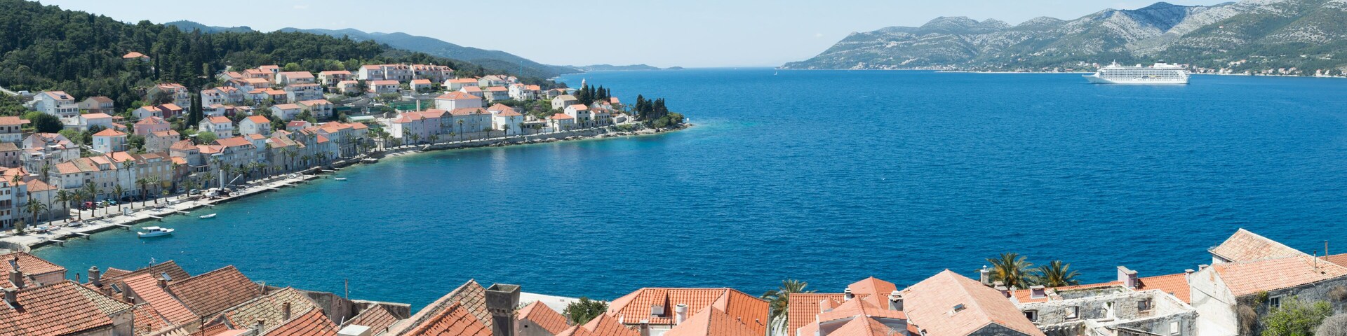 Historic town Korcula in Croatia, panoramic view from the bell tower, summer vacation on Adriatic coast
