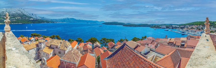 View from the tower of the church of St. Marco of the medieval town of Korcula in Croatia