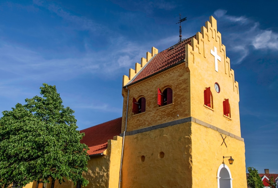 The yellow Church of Allinge on Bornholm