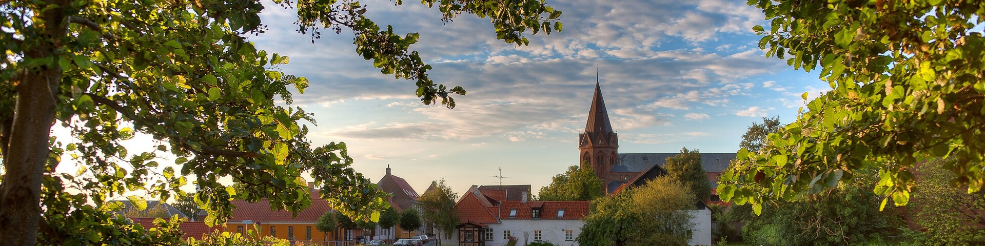 A calm river reflecting a town with a prominent church tower.