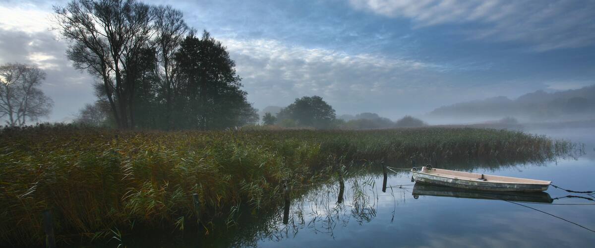 A calm river with a small boat anchored near the shore, surrounded by reeds and trees under a cloudy sky.
