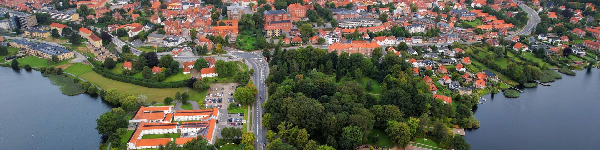 Aerial panorama of the downtown of the city Viborg in Denmark on a sunny summer day.