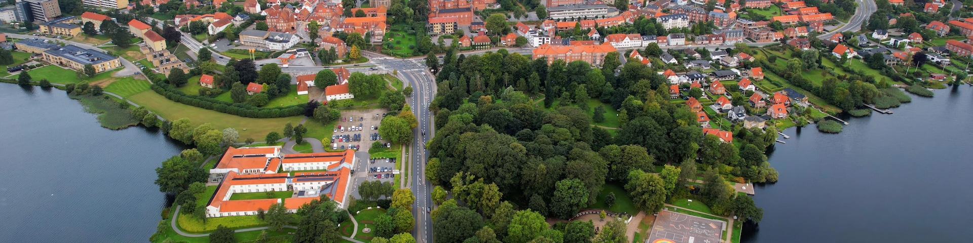 Aerial panorama of the downtown of the city Viborg in Denmark on a sunny summer day.