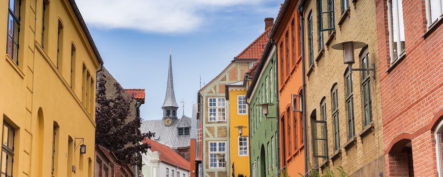 Panorama of colorful facades of old houses in Haderslev, Denmark