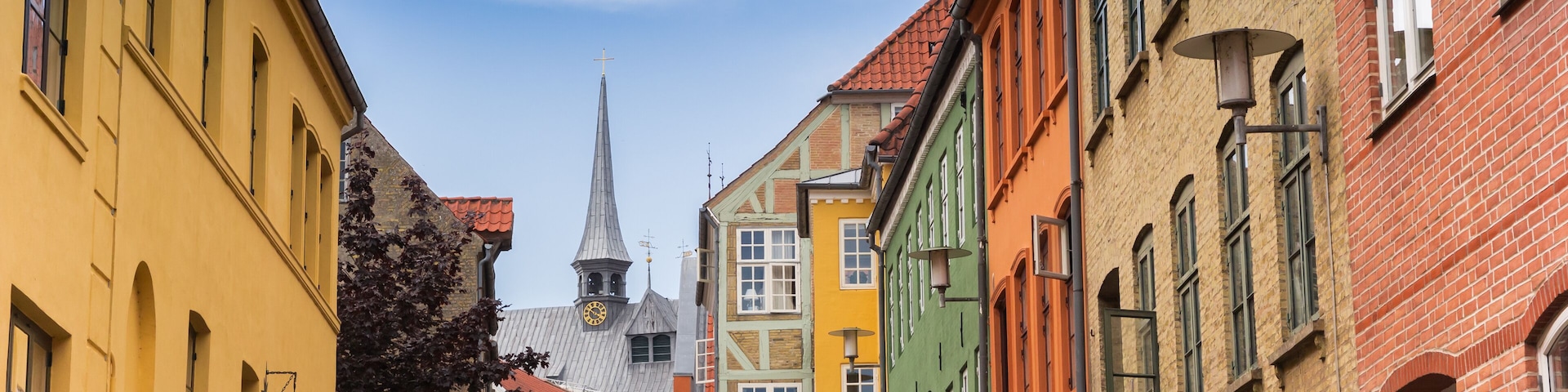 Panorama of colorful facades of old houses in Haderslev, Denmark