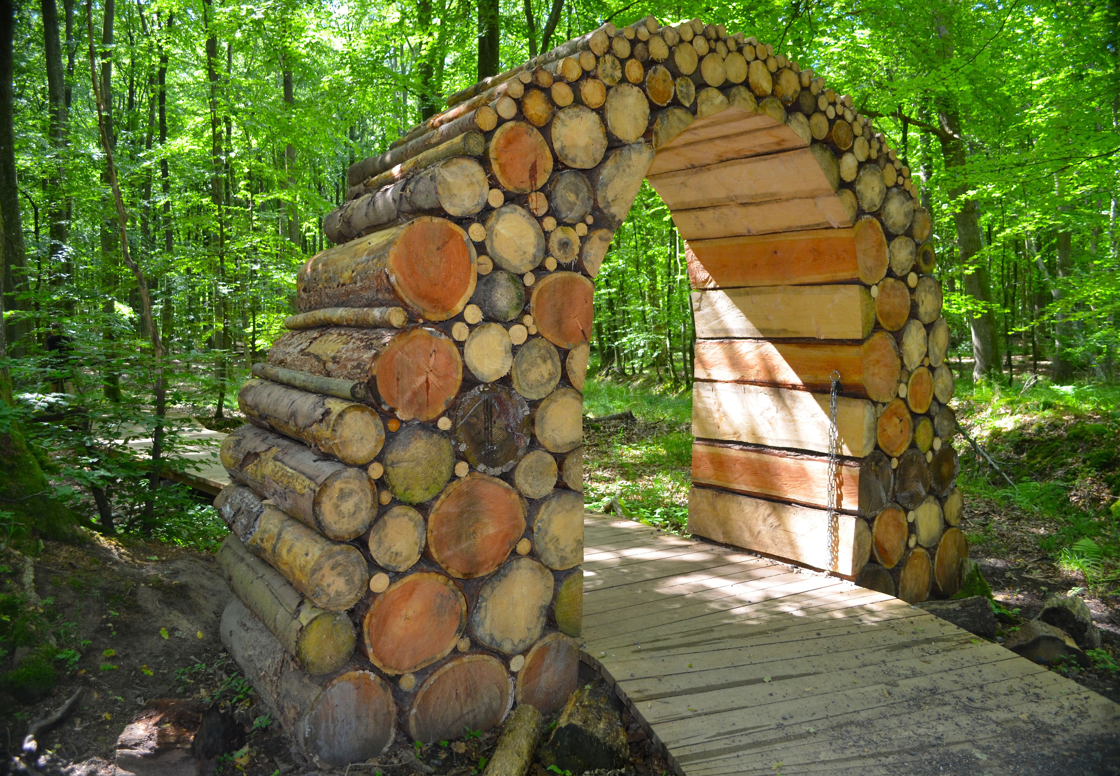A wooden arch bridge made of logs in a forest.