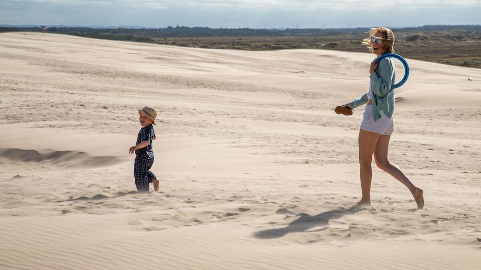A sandy beach with dunes and a clear sky.