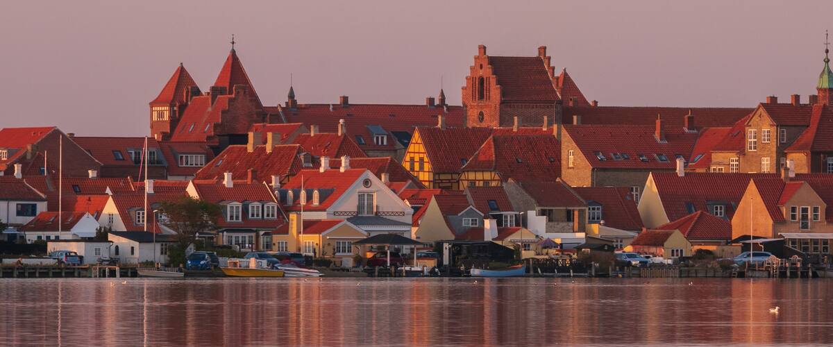 A waterfront town with red-roofed buildings and a calm river.