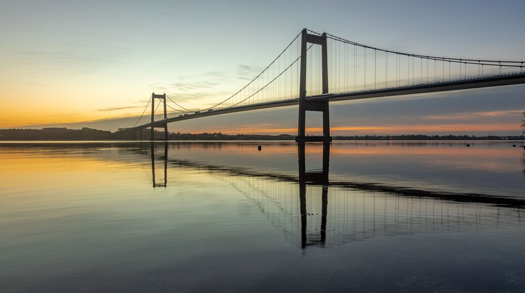 Denmark, Middelfart, 16.Dec. 2021 - Here the Little Belt Bridge at sunset