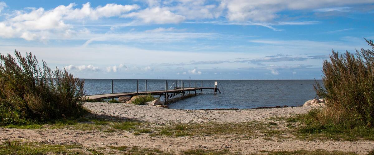 A beach with a wooden pier extending into the water, surrounded by sand and sparse vegetation.