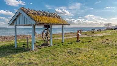 The narrow sandy beach with underlying grassy areas with tables and benches is a popular beach for locals from Snekkersten and Helsingor. ; Shutterstock ID 1367361539; Purchase Order: -