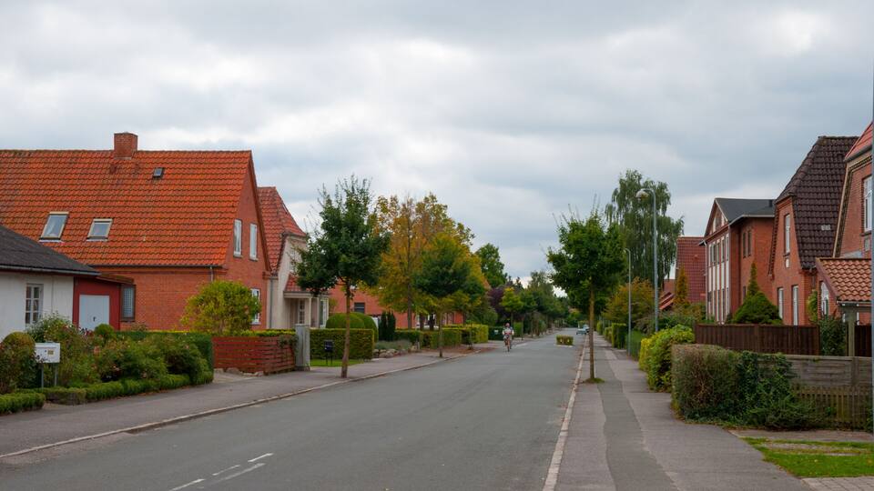 A residential street lined with red-tiled houses, a cyclist, and a cloudy sky.