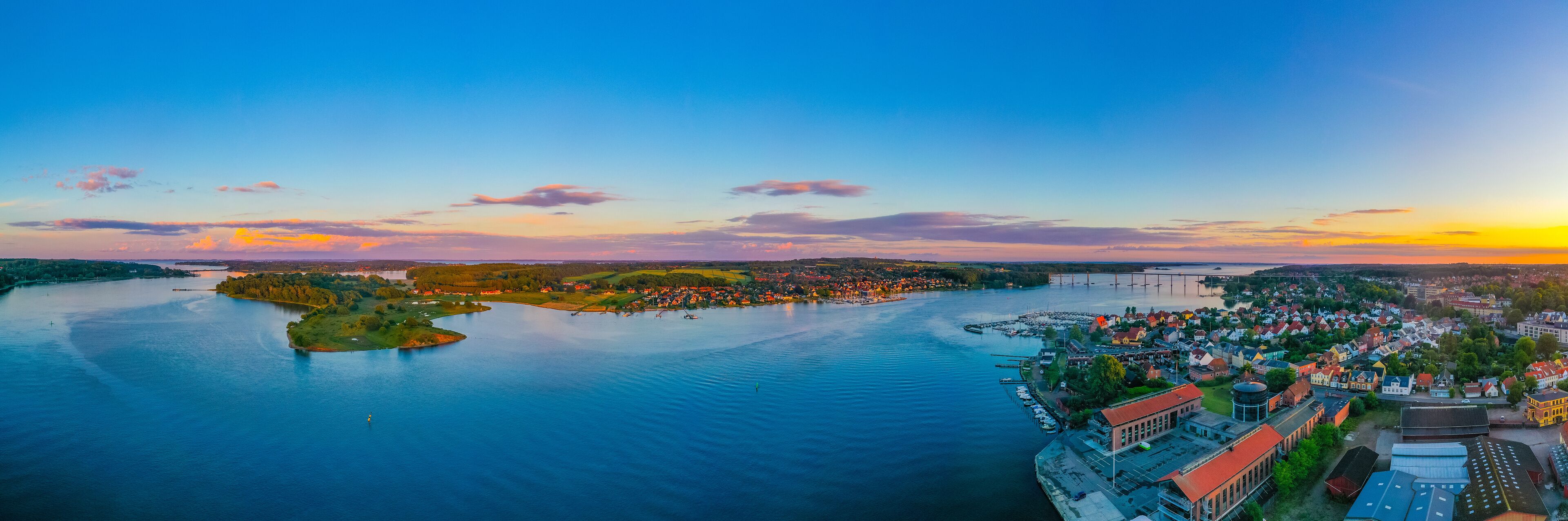 Sunset view of Svendborgsundbroen bridge in Denmark