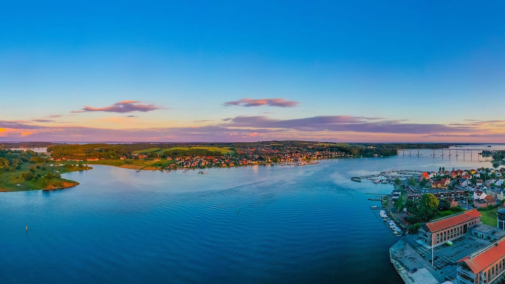 Sunset view of Svendborgsundbroen bridge in Denmark
