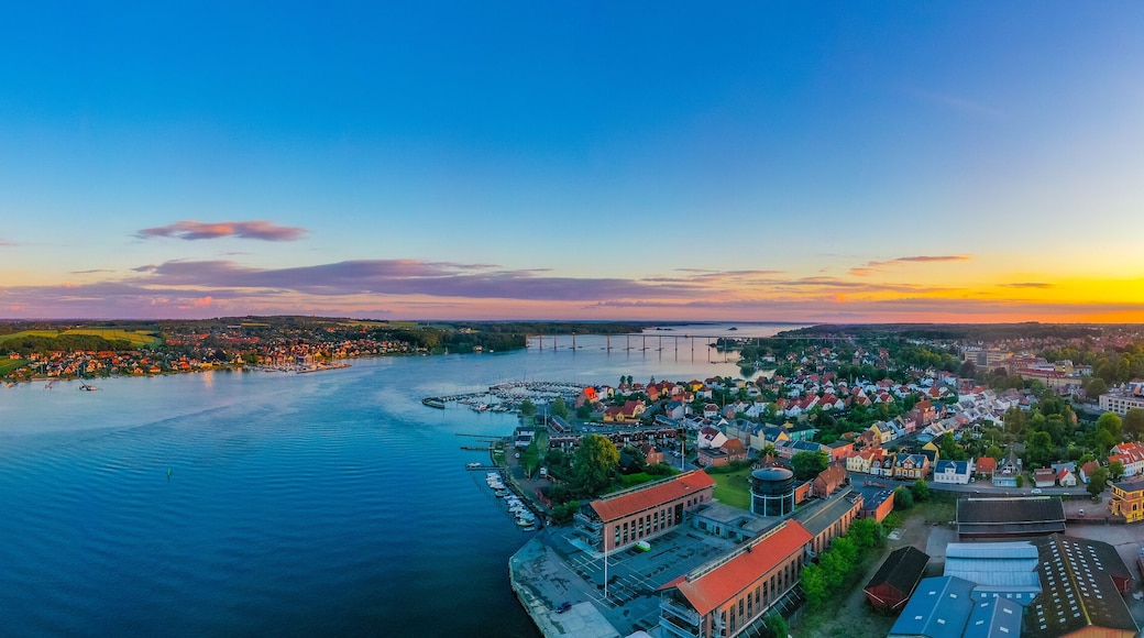 Sunset view of Svendborgsundbroen bridge in Denmark