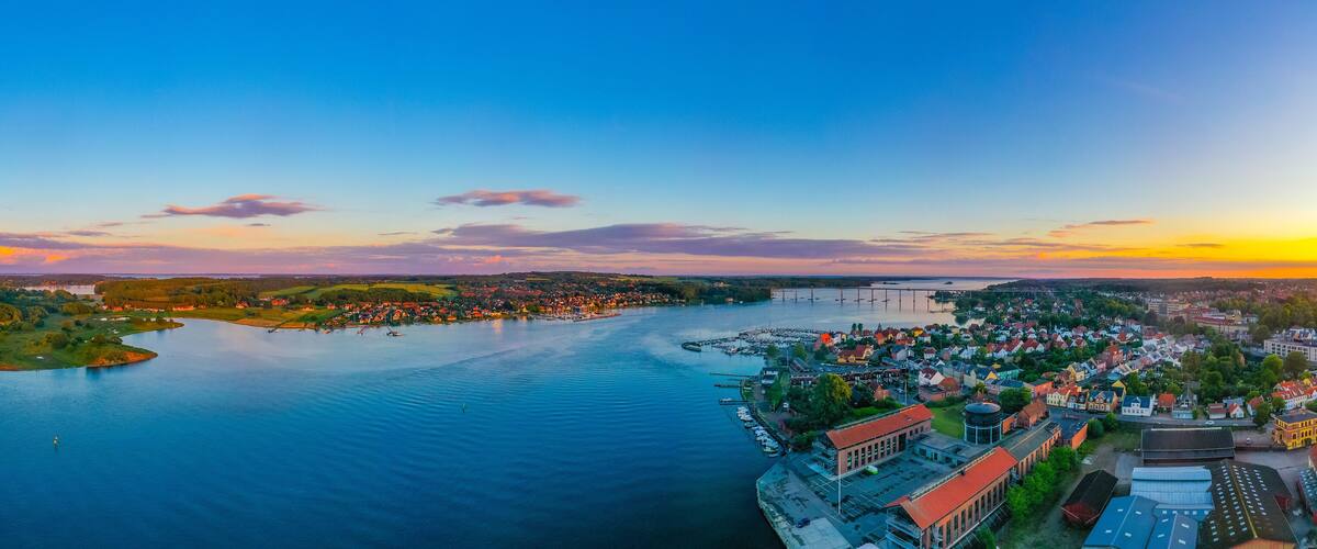 Sunset view of Svendborgsundbroen bridge in Denmark