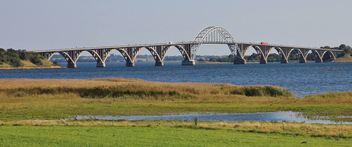 A large steel bridge spanning a river with grassy banks and a small body of water in the foreground.
