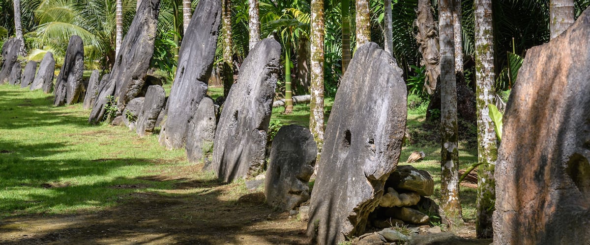A pathway lined with tall, weathered stone pillars in a lush, green landscape.