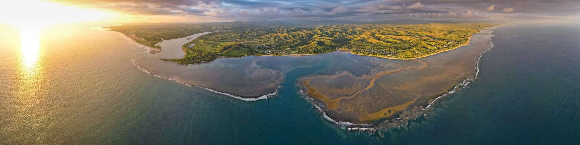 Aerial view of the coral coast Fiji at Sunset on Viti Levu