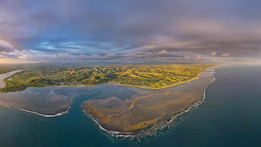 Aerial view of the coral coast Fiji at Sunset on Viti Levu
