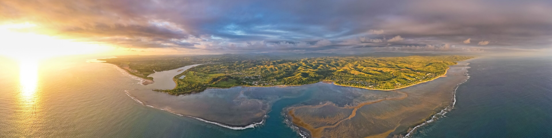 Aerial view of the coral coast Fiji at Sunset on Viti Levu