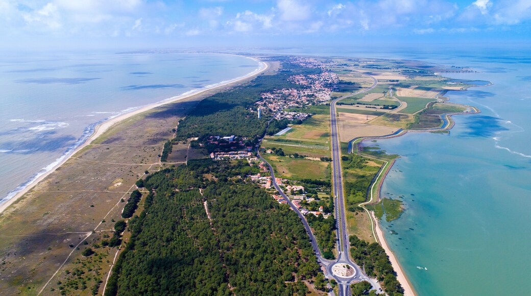 Panorama aérien sur l'île de Noirmoutier, depuis sa pointe sud. Vendée, France