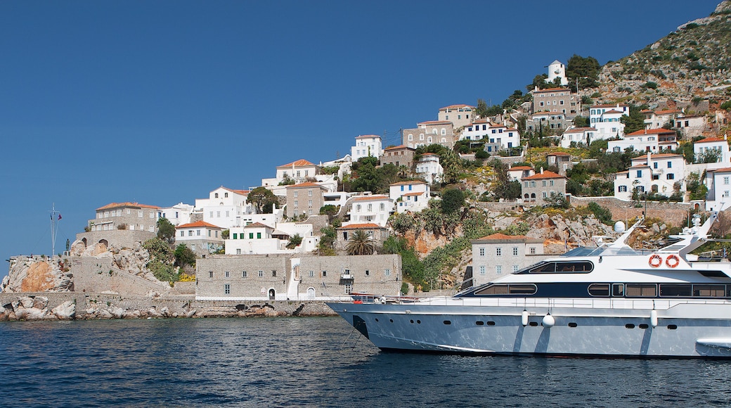 Hydra island with yacht in the foreground