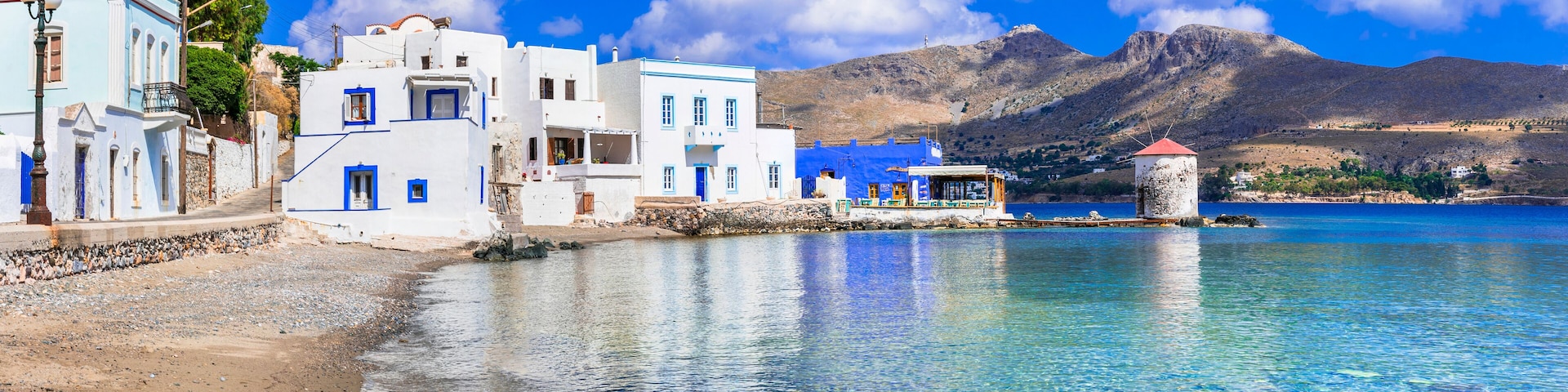 Unspoiled Hidden Gem of Greece: Agia Marina Village Coastal View with White Houses and Iconic Windmill, Turquoise Aegean Sea and Mediterranean Aesthetics, Leros Island Dodecanese 8K