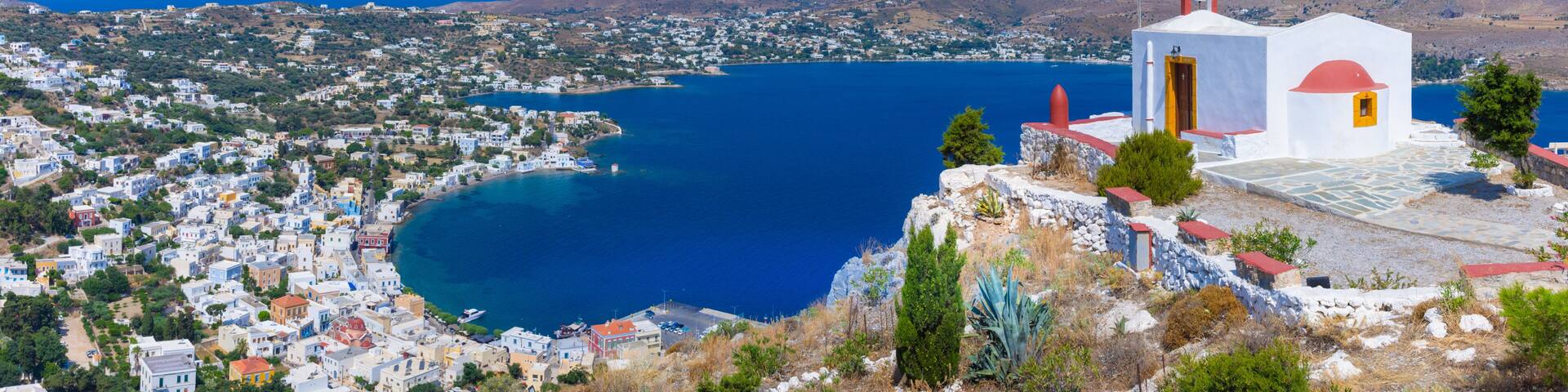 Picturesque village of Agia Marina, windmills and castle of Panteli in Leros island, Greece